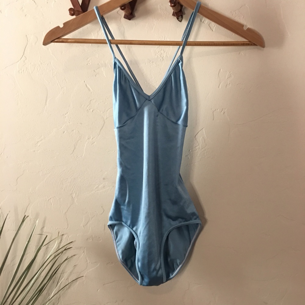 Vintage satin low back strappy pale blue bodysuit